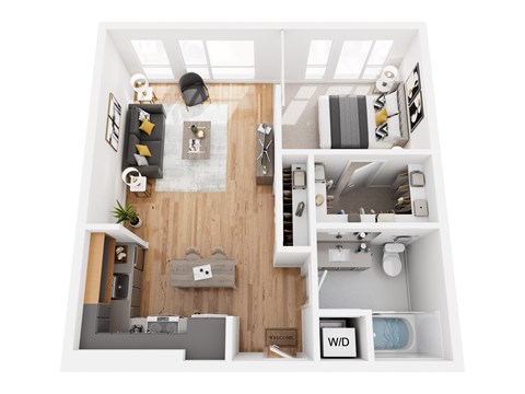 Floor plan for 1 bed, 1 bath, 606 sqft